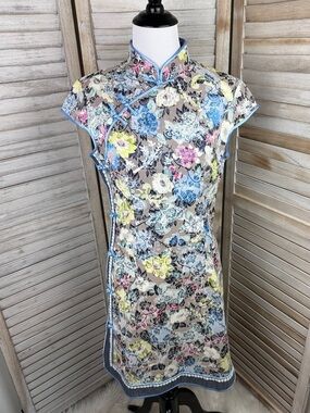 Womens Short Sleeve Chinese Cheongsam Dress Vintage Floral Print Size XL